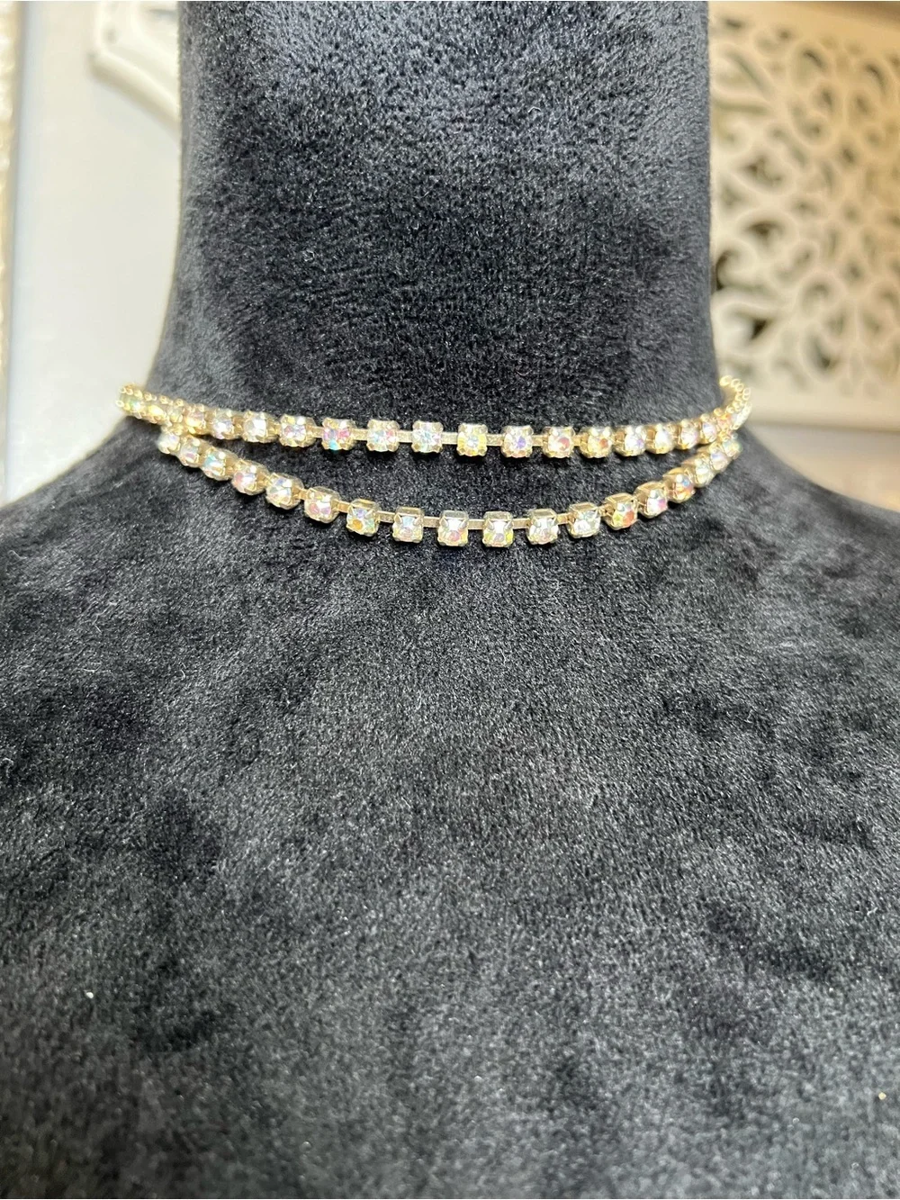 Vintage Gold-Tone Crystal Tennis Necklace - Aurora Borealis Sparkle
